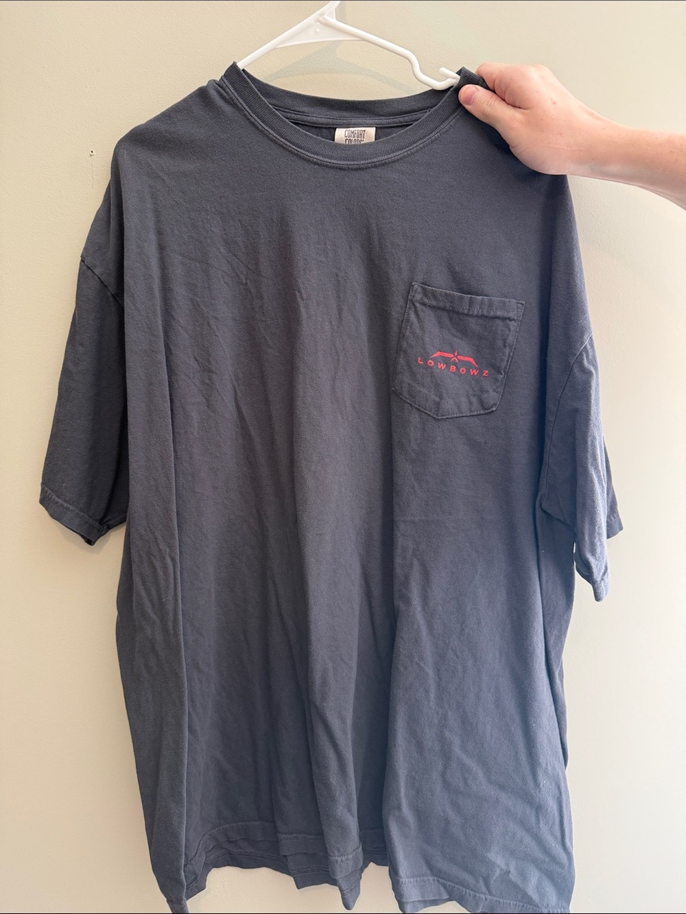 Comfort Colors Charcoal Pocket Tee with Small Red Logo